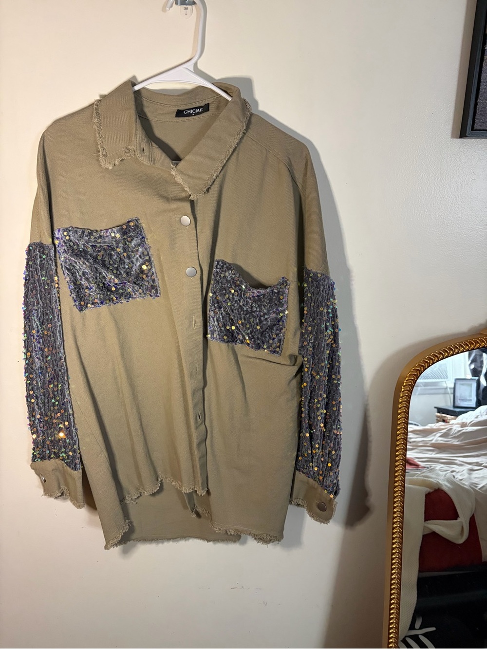 chic Olive Green Utility Jacket with Sequin Knit Accents
